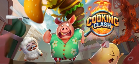 Cooking Clash - Cet écran d'accueil plonge les utilisateurs dans l'univers déjanté de l'application, avec ses personnages animaux expressifs et une profusion de plats géants qui illustrent parfaitement le thème loufoque.