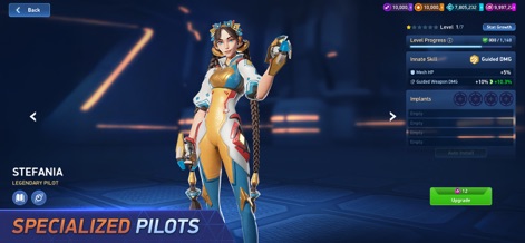 Mech Arena - Shooting Game - Dive into pilot specialization, observing the unique 'Innate Skill' of each pilot and the customizable 'Implants' slots for enhanced performance.