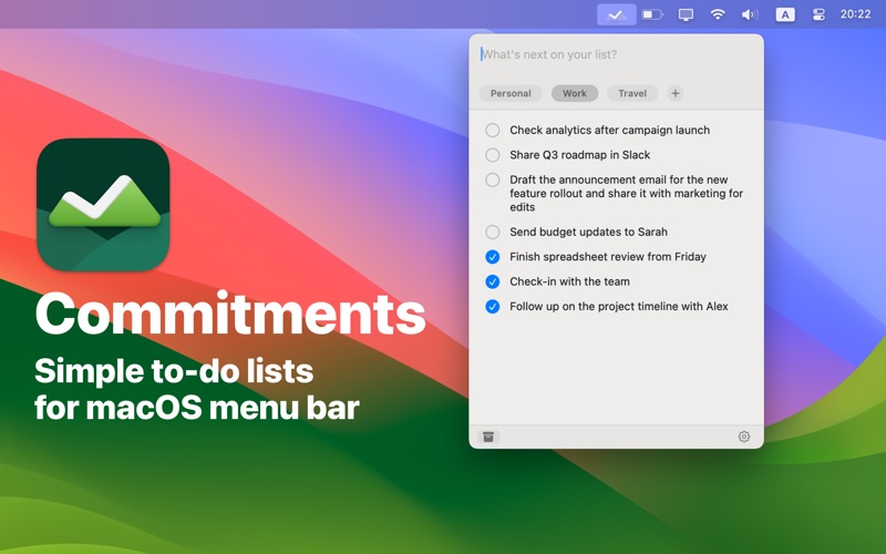 Commitments: Tasks in Menu Bar app screenshot