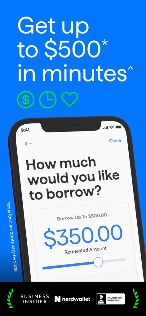 Possible: Fast Cash & Credit - This tool simplifies borrowing, enabling users to quickly select a "Requested Amount" via an intuitive slider and clearly displaying the maximum borrowable amount of "$500".