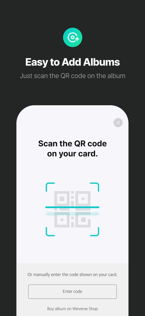 Weverse Albums - A funcionalidade de adição de álbuns é simplificada através de um 'leitor de QR code' intuitivo e a opção de 'inserir o código manualmente', facilitando a inclusão de novas aquisições.
