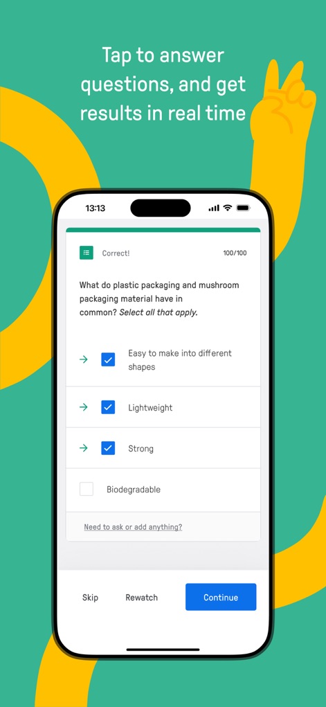 Edpuzzle - Students interact with assessment questions through clear checkboxes for multiple-choice options, supported by "Skip" and "Rewatch" functionalities for flexible review.