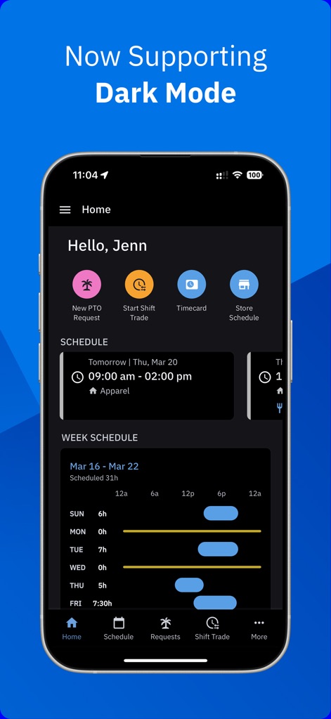 Workcloud Shift - The app supports a sleek "Dark Mode" theme, enhancing readability and offering a distinct visual style for the "Home" screen and weekly schedule.