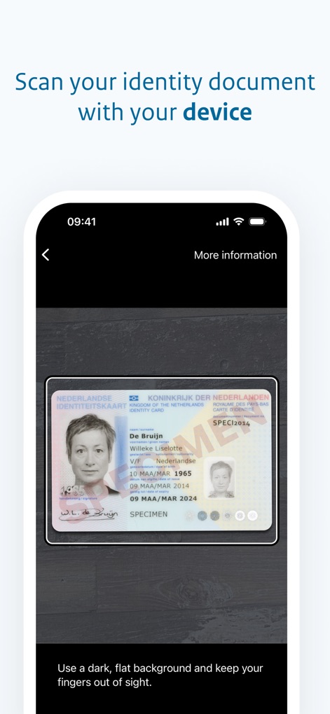 KopieID - Users are guided through the scanning process, showcasing the identity document within the capture frame and providing explicit background instructions.
