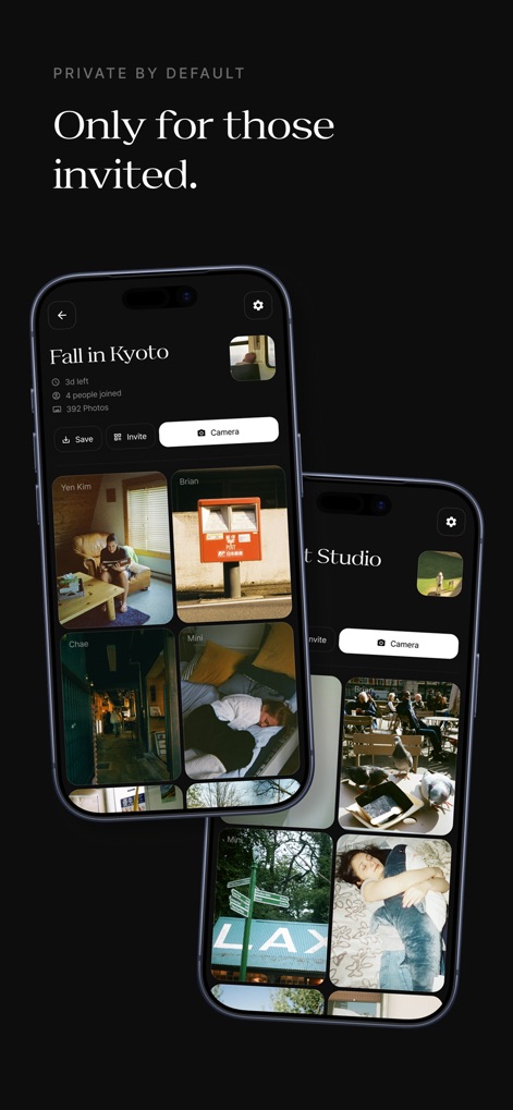 Once - Disposable Camera Event - The app ensures event privacy by default, showcasing secure galleries like 'Fall in Kyoto' with participant details and curated photo thumbnails.