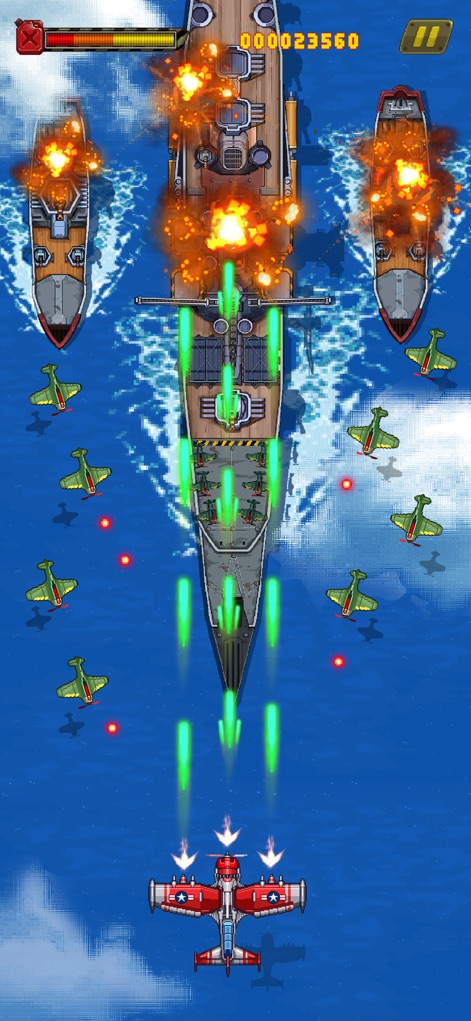 1945 Air Force: Airplane Games - Players can decimate entire naval fleets with powerful green energy shots, engaging multiple warships and their air support on the open sea.