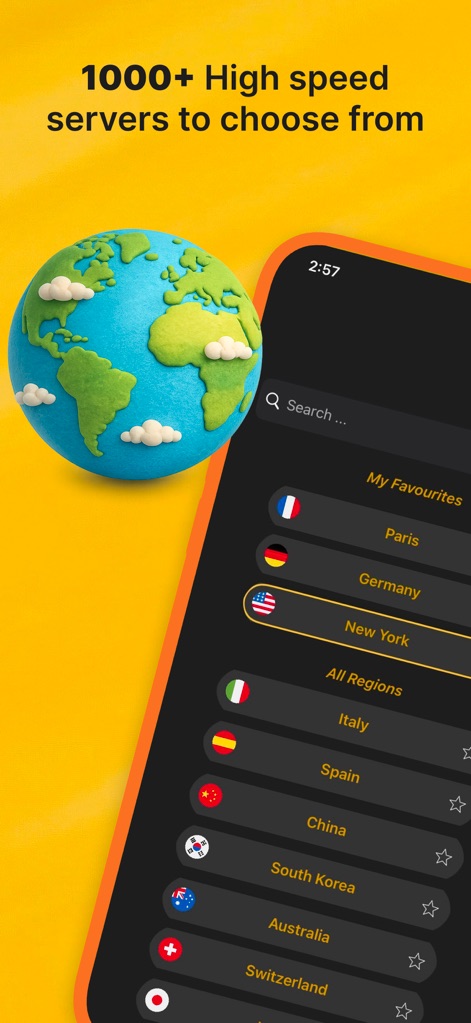 Best VPN : Unlimited VPN Proxy - 사용자는 전 세계 1000개 이상의 고속 서버 목록에서 선택할 수 있으며, 다양한 국가의 국기 아이콘을 통해 지역을 쉽게 식별할 수 있습니다.