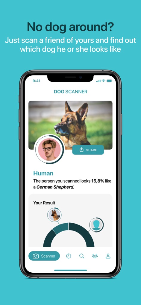 Dog Scanner - Discover which dog breed a human resembles with this fun feature, showcasing a percentage match like a German Shepherd and an easy share option.
