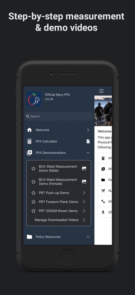 Official Navy PFA - Cet outil inclut des "démonstrations vidéo" étape par étape, couvrant des aspects critiques comme les "mesures de tour de taille BCA" et les "exercices PRT", pour une exécution parfaite.