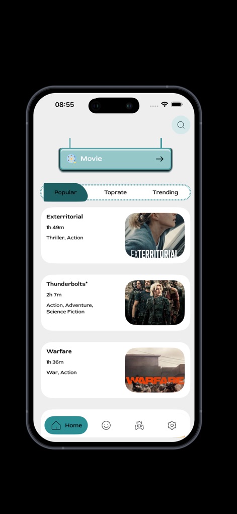 Comp Study - Cine Mood - Esta pantalla de inicio ofrece categorías como 'Popular' y 'Trending', permitiendo a los usuarios descubrir películas con sus respectivos pósters y géneros claramente visibles.
