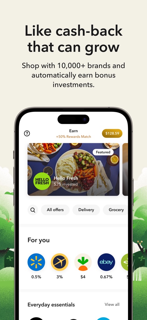 Acorns: Invest For Your Future - +50%リワードマッチの表示と、Hello Freshなどのブランドロゴを通じて、ショッピングからのボーナス投資機会を提供します。