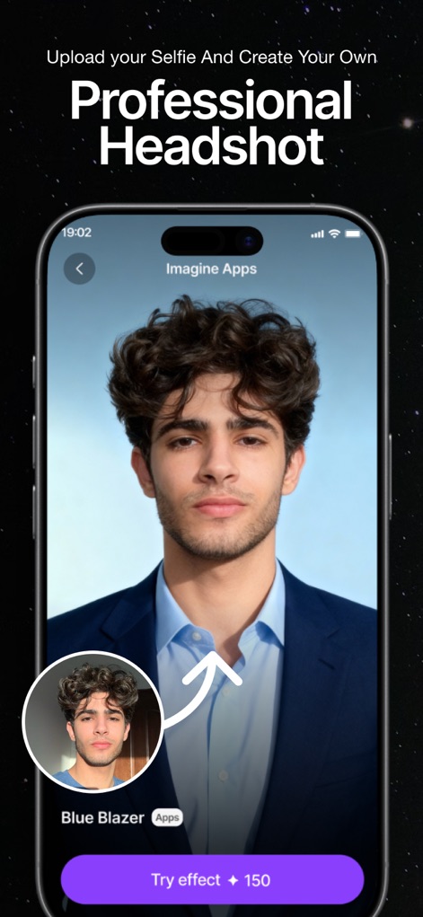 ImagineArt: AI Video Generator - Esta imagem descreve a criação de um headshot profissional a partir de uma selfie casual, mostrando um retrato polido com um fundo limpo.
