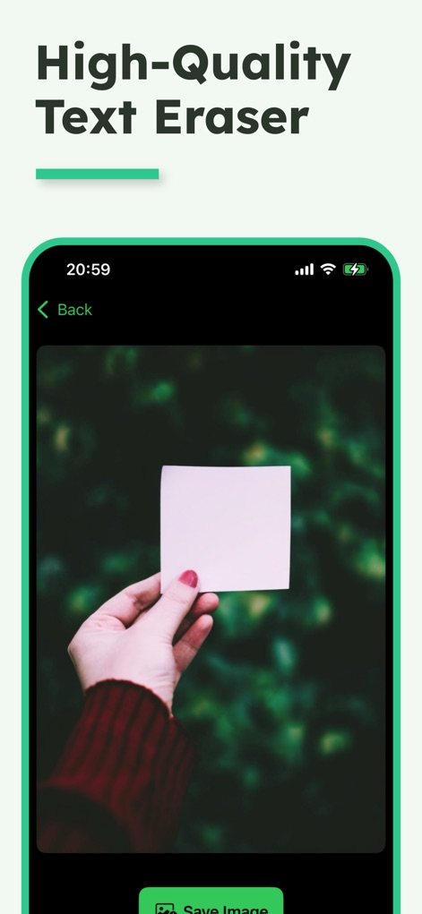 Remove Text From Photo - L'applicazione mostra un'anteprima chiara del risultato (X) dopo la rimozione del testo, offrendo un'opzione evidente per salvare l'immagine pulita (Y) con un solo tocco.