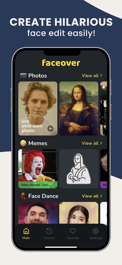Faceover: Photo Face Swap - The app provides a diverse content library, offering categories such as 'Memes' and 'Photos' for users to begin their creative face-swapping projects.