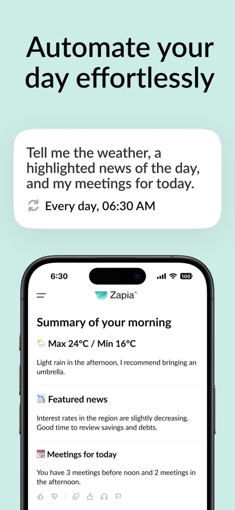 Zapia AI - Personal Assistant - Explore how the tool presents a morning summary, including a weather forecast with temperature range and a curated list of featured news headlines.