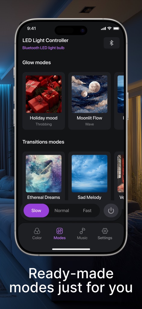 LED light controller LED lamp - La interfaz presenta una variedad de modos de brillo temáticos y transiciones, permitiendo a los usuarios elegir entre "Holiday mood" o "Ethereal Dreams" para cualquier ocasión.