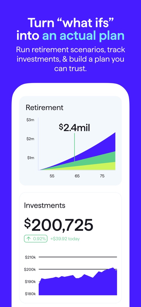 Quicken: Intelligent Money - Users can strategically plan for their future with a detailed retirement projection graph and monitor their investment portfolio's growth through a historical performance chart.