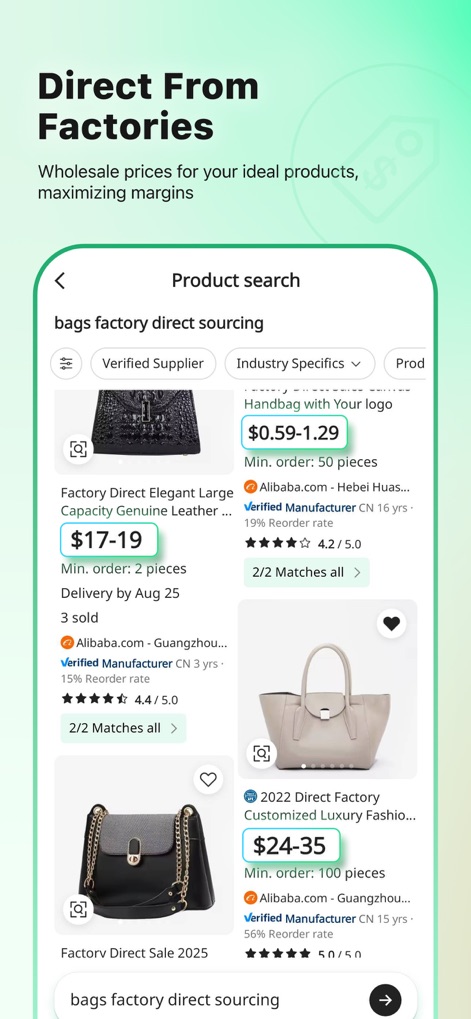 Accio: Alibaba AI Agent - Users can source products 'Direct From Factories' as shown by the listings, which include 'Factory Direct' labels and indicate 'Verified Manufacturer' status for transparency.
