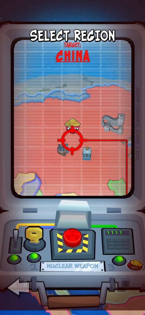 Country Balls: Battle World - Engage with the precise tactical strike interface, where users can select target regions and activate powerful nuclear weapon options.