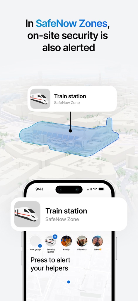 SafeNow™ - This screenshot illustrates the app's SafeNow Zone feature, showing a train station designated as a secure zone and the option to alert "Security guards" directly within the app interface.