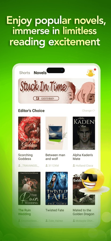 FunDrama - Funflip - A interface destaca a aba 'Novels' ativa, permitindo aos usuários explorar uma seção 'Editor's Choice' com diversas capas de romances para leitura imersiva e a barra de pesquisa para descoberta de conteúdo.