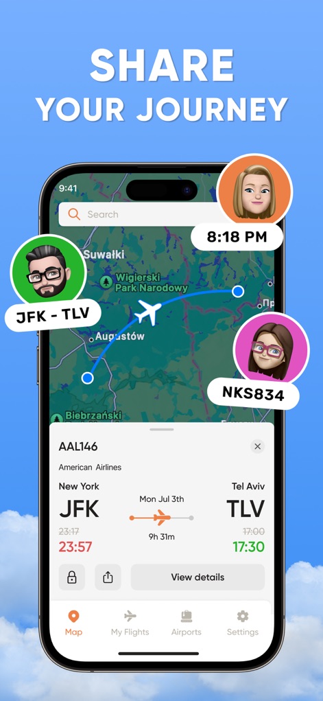 Flight Tracker: Plane Radar 24 - La herramienta permite compartir el progreso del vuelo en un mapa interactivo, mostrando la ruta del avión y las ubicaciones de los contactos a quienes se les comparte, representados por sus avatares.