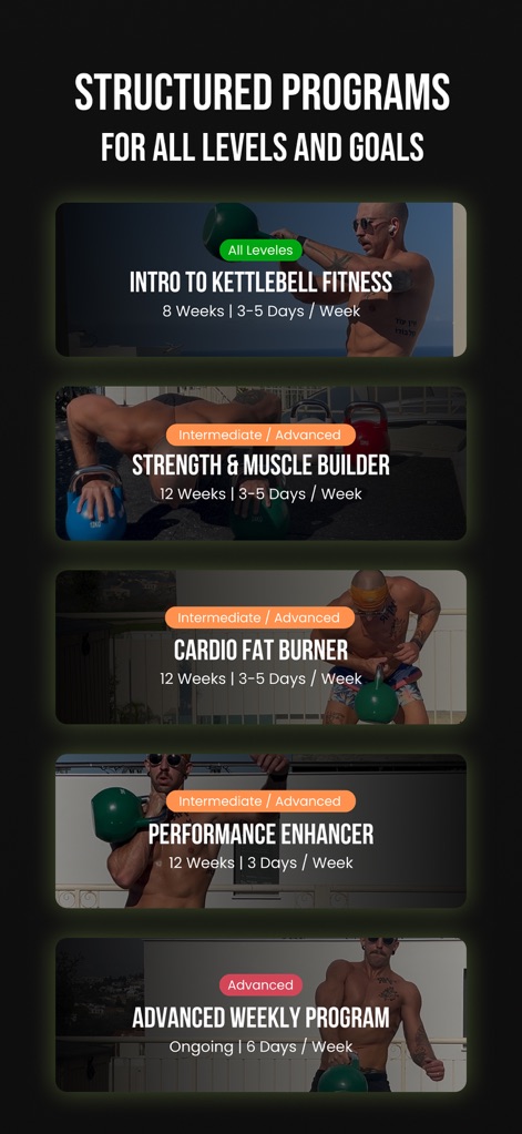 KBMH - Kettlebell Workouts - Discover a variety of structured multi-week programs, meticulously categorized by difficulty and specific goals, ranging from 'Intro to Kettlebell Fitness' to 'Advanced Weekly Programs'.