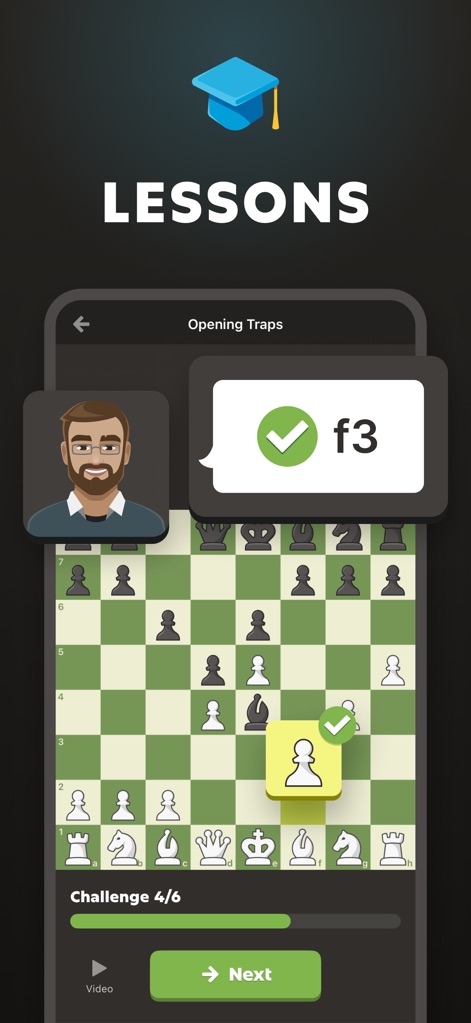 Chess - Play & Learn Online - This section presents "Lessons" with interactive tutorials led by a coach figure, guiding users through moves like "f3" and tracking their progress with a "Challenge" indicator.