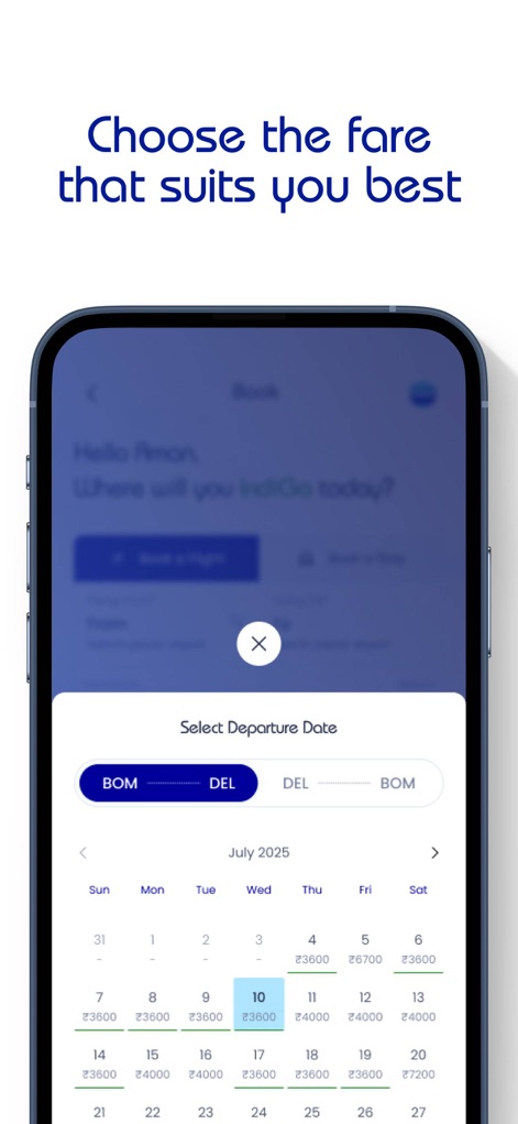 IndiGo: Flight Booking App - ユーザーは出発日と運賃カレンダーを参照し、ボンベイ（BOM）からデリー（DEL）への最適なフライトを選択できます。