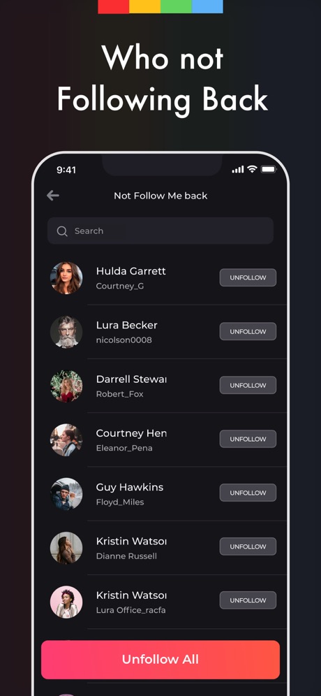 Reports Unfollowers Followers+ App Store screenshot 2, headline “Who not Following Back”. Leads with a problem.
