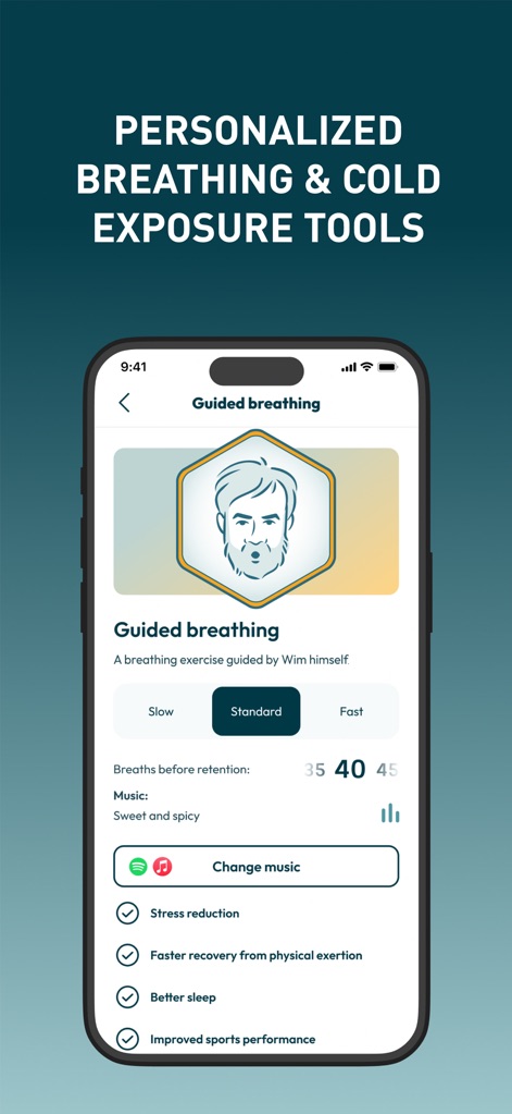 Wim Hof Method: Breathwork - This tool offers 'Guided breathing' sessions with adaptable 'Slow', 'Standard', or 'Fast' pace options, complemented by integrated music services like Spotify.
