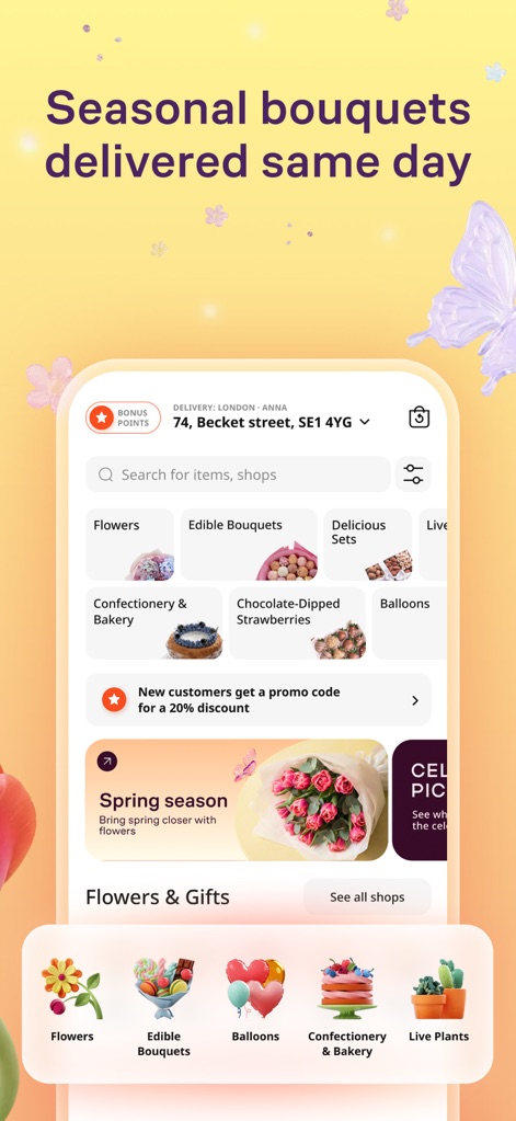 Flowwow: Flower Marketplace - This tool provides a comprehensive catalogue of items, spanning categories like 'Flowers' and 'Confectionery & Bakery', often available for same-day delivery.