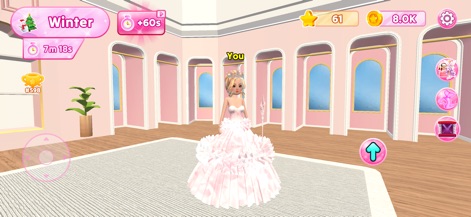 Dress Up Fashion Star - This tool enables the design of magnificent, voluminous dresses, such as the elaborate white gown, showcased in a grand hall with striking arched windows and a richly textured area rug.