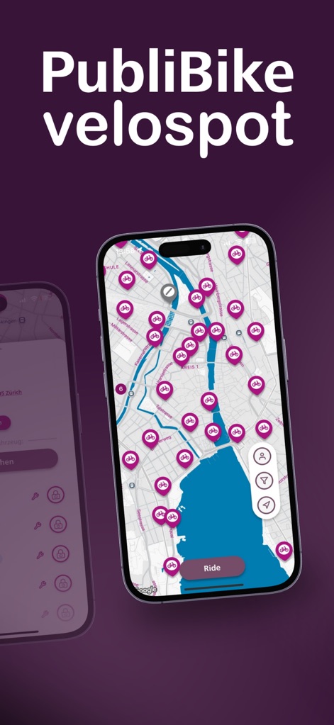 PubliBike Velospot (Zone 1) - The app provides a dynamic "map view" that clearly displays available bikes and stations via intuitive "bike icons" for effortless navigation.