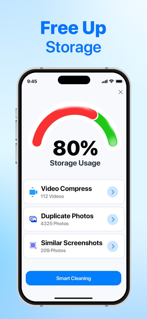 AI Cleaner:Clean Phone Storage - Esta pantalla proporciona un resumen visual del estado del almacenamiento del dispositivo y las oportunidades de limpieza. Se destaca el medidor '80% Storage Usage' y las categorías detalladas como 'Duplicate Photos (4325 Photos)' y 'Similar Screenshots (209 Photos)', mostrando dónde se puede recuperar espacio.