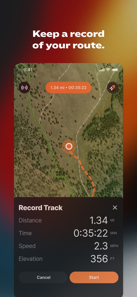 GOHUNT: Research & Maps - The app enables precise tracking of hunting routes, displaying live data such as "Distance" traveled and "Elevation" changes, all managed via an intuitive 'Record Track' interface.