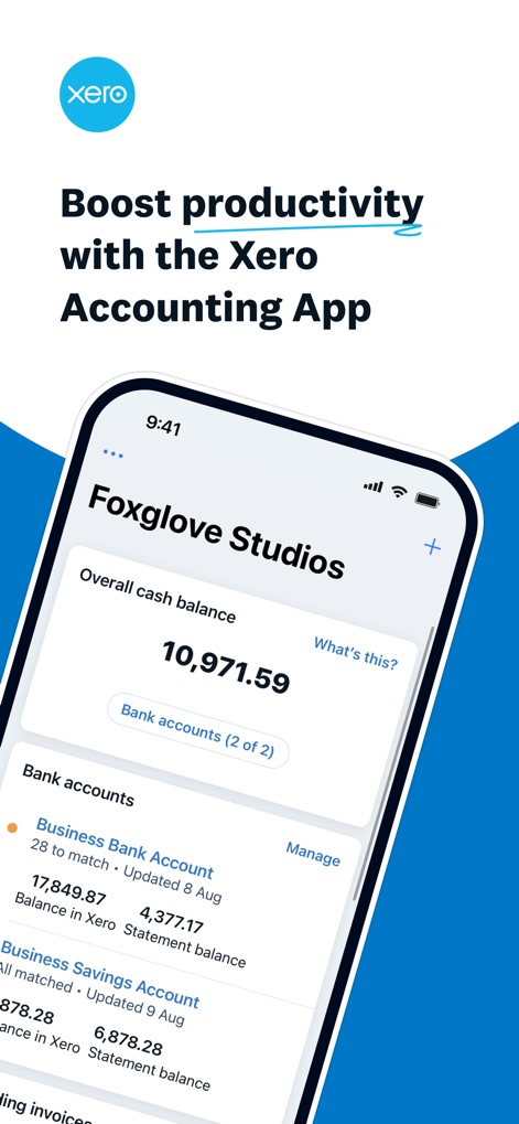Xero Accounting for business - Die App präsentiert eine klare Übersicht des Gesamt-Kassensaldos und listet detaillierte Bankkonten für eine umfassende Finanzkontrolle auf.