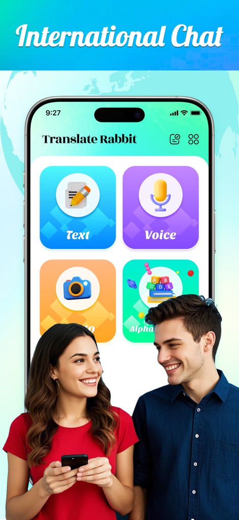 Translate Rabbit - This intuitive interface presents primary translation modes like 'Text' and 'Voice' inputs, alongside engaging features such as the 'Alphabet Game'.