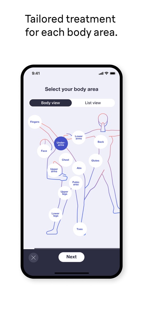 Braun IPL app - The tool allows users to select specific body areas for tailored treatment plans using an interactive body map with clearly labeled regions.