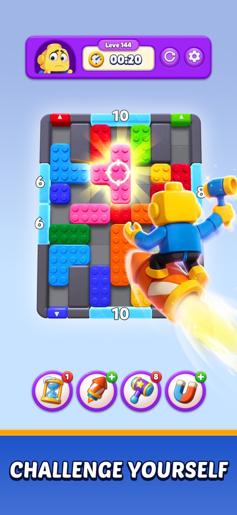 Color Block: Jam Puzzle 3D - Observez la satisfaction visuelle des blocs de couleurs éclatantes qui s'assemblent et la présence du personnage sur un propulseur signalant la réussite.