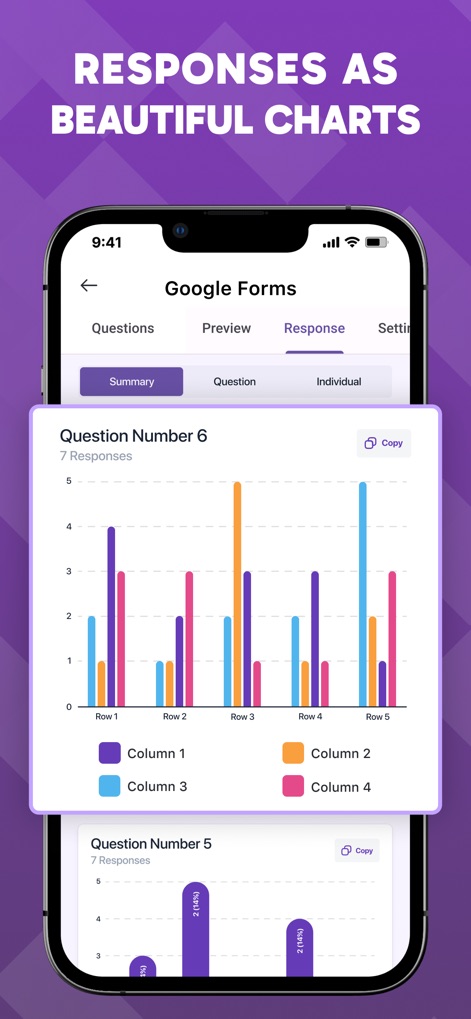 Form For Google Forms & Docs - Observe how responses are transformed into beautiful charts, offering a clear visual summary of data points for 'Question Number 6' and 'Question Number 5'.