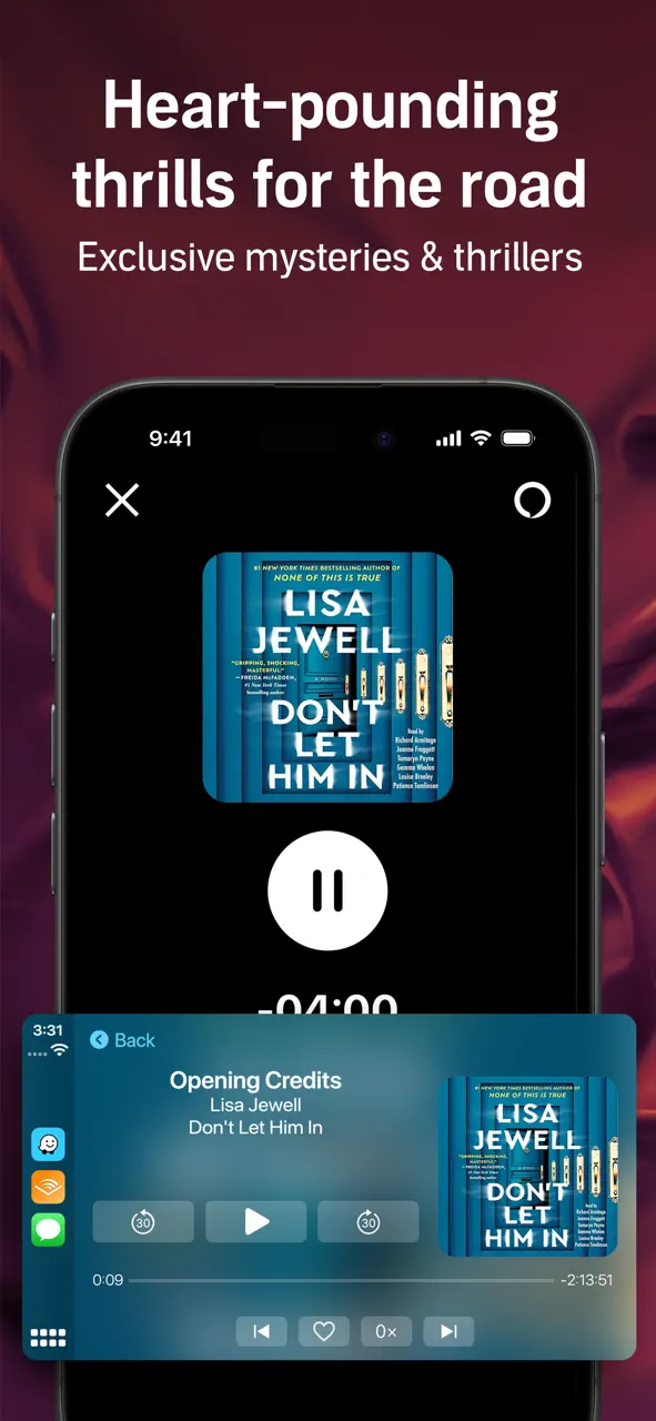Audibleアプリの画面に、CarPlayコントロール付きのミステリースリラーオーディオブックの再生が表示されています。