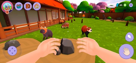 Capybara Simulator: My Pets - Witness the expansive outdoor environments where diverse virtual pets, including a red panda-like companion, roam freely within a beautifully landscaped garden.