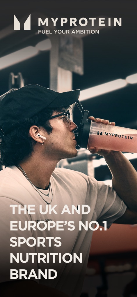 Myprotein: Fitness & Nutrition - This screenshot highlights the app's branding and its leading position as the UK and Europe's top sports nutrition brand, featuring a strong visual of product use and prominent logo display.