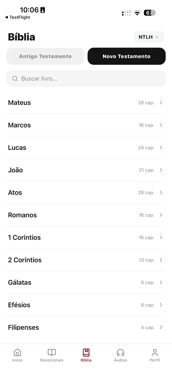 Captura real do app: lista de livros da Bíblia