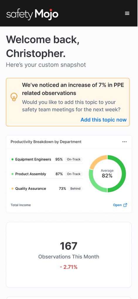 Safety Mojo AI - Esta vista general personalizada ofrece un resumen detallado, destacando un aviso sobre el aumento del 7% en observaciones relacionadas con el EPP y un desglose de la productividad departamental con porcentajes específicos.