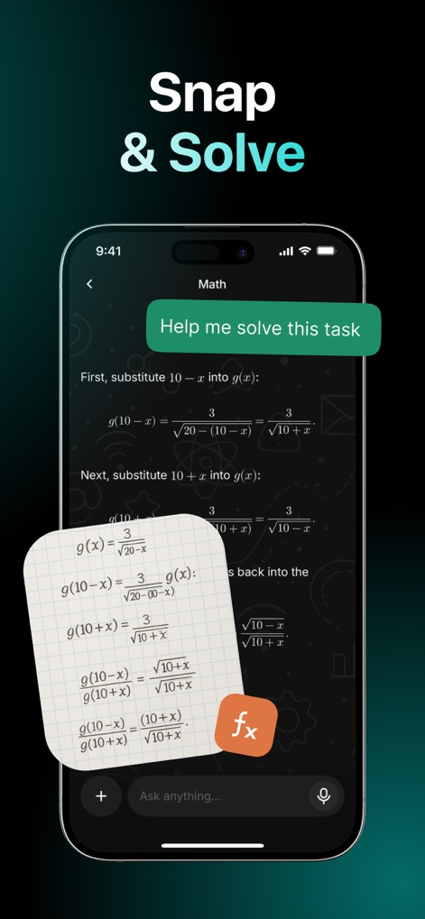 Chatbot AI: AI Chat Assistant - The app demonstrates its educational utility by providing step-by-step solutions to mathematical equations, clearly displaying the algebraic manipulations and the initial problem prompt.