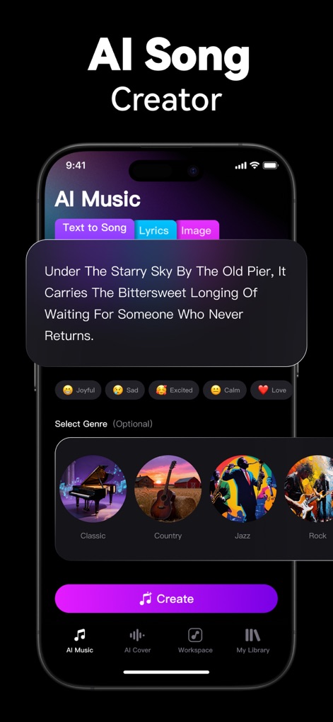 SingUp: AI Music Generator - Users can unleash their creativity with the AI Song Creator, inputting text prompts or lyrics and selecting from various genres like "Classic" or "Rock" to instantly generate original tracks.