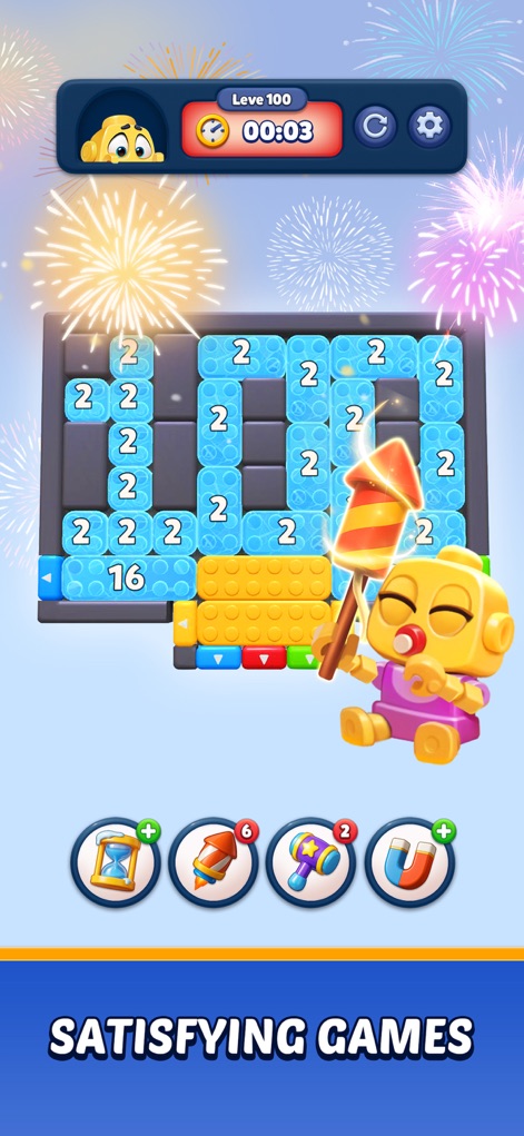 Color Block: Jam Puzzle 3D - Les utilisateurs peuvent découvrir des blocs numérotés stratégiques et des explosions de feux d'artifice en arrière-plan qui célèbrent chaque victoire.
