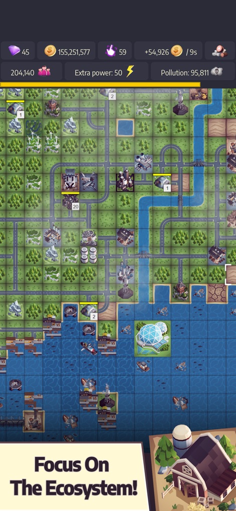 Post Apo Tycoon - Idle Builder - The app showcases an intricate network of roads and green areas within a developed city, alongside expansive river and ocean sections featuring marine structures, emphasizing ecological balance.